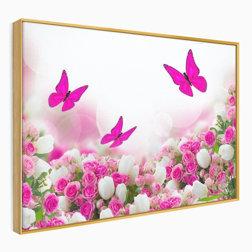 Tablou canvas cu tablou canvas cu trandafiri roz si fluturi, in rama de aluminiu auriu